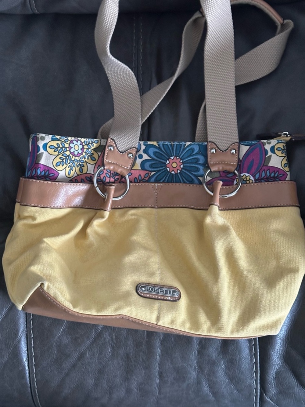 Rosetti Yellow Floral-Trim Shoulder Bag with Tan Accents